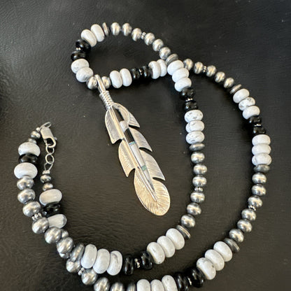 Feather White Buffalo Turquoise Opal Pendant Sterling Silver Necklace 21” 18670