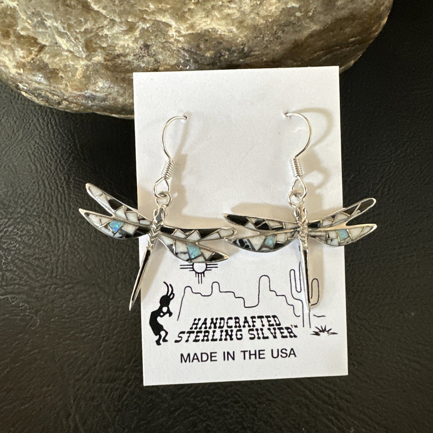 White Buffalo Turquoise Onyx Opal Navajo Sterling Silver Inlay Earrings 1" 18548