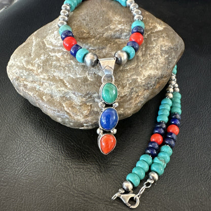 Multicolor Turquoise Coral Navajo Sterling Silver Cluster Pendant Necklace 19646