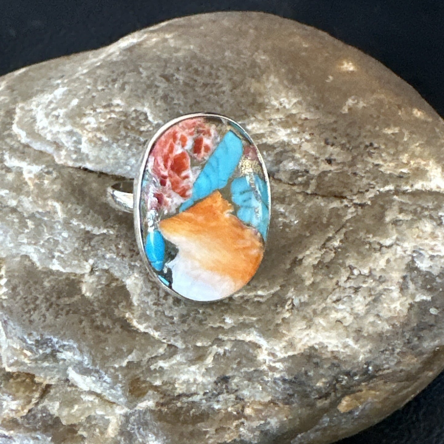 Blue Turquoise Spiny Oyster Navajo Sterling Silver Ring Size 8 18233