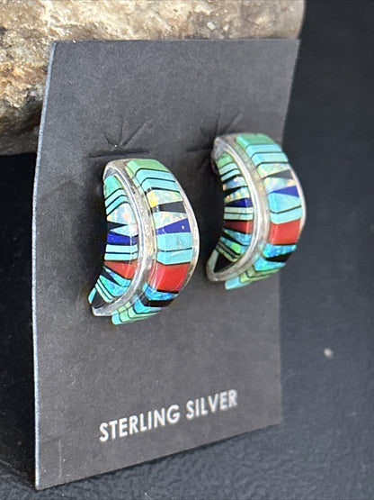 Blue Turquoise & Spiny Oyster Navajo Sterling Silver Inlay Earrings 1” 14765