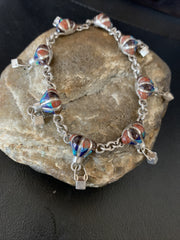 Blue Opal Coral Balloon Navajo Link Inlay Bracelet 7.5" | Sterling Silver | Authentic Native American Handmade | 12923