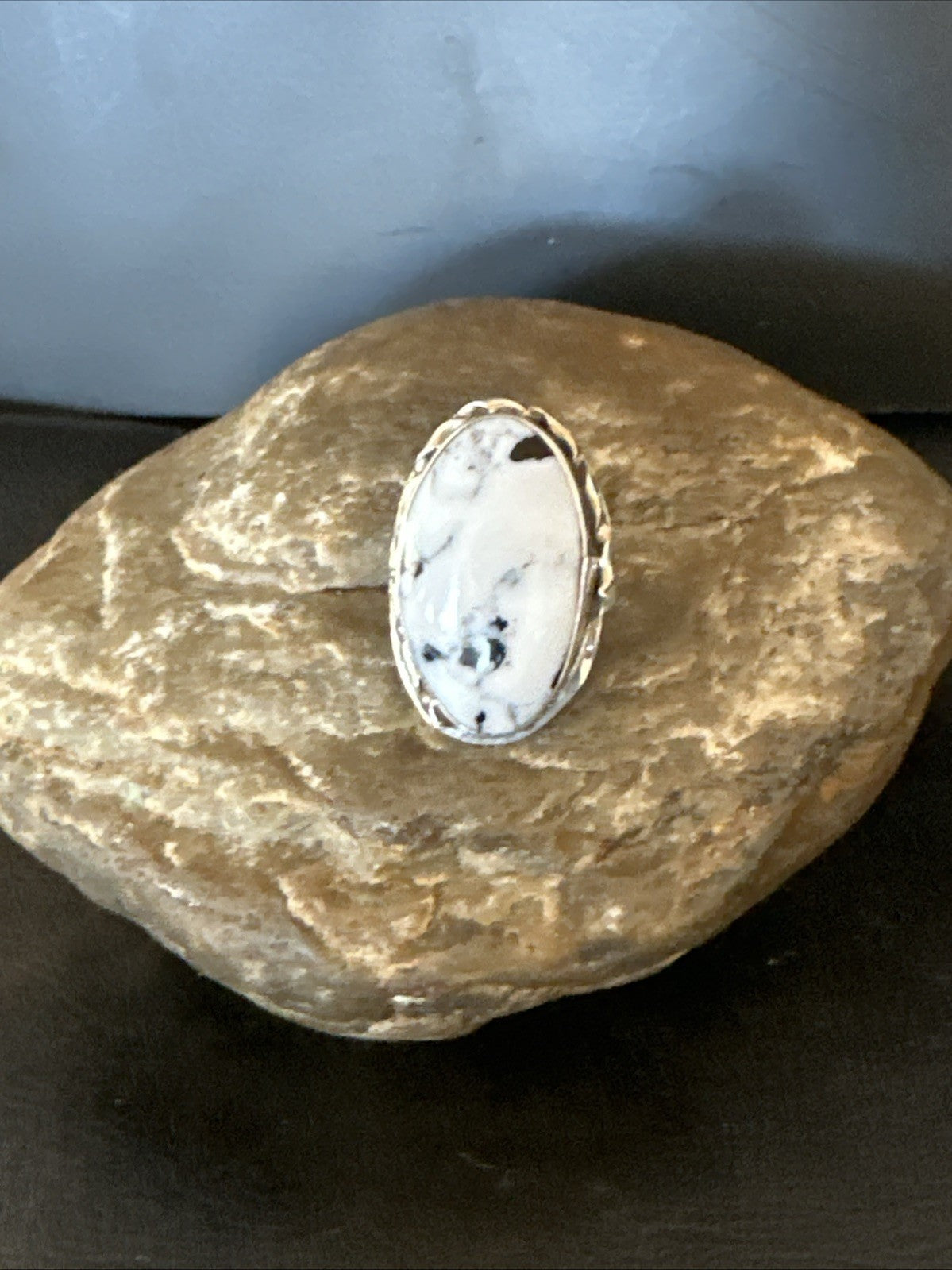 Black White Buffalo Turquoise Navajo Sterling Silver Ring Size 7.5 19805