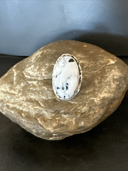 Black White Buffalo Turquoise Navajo Sterling Silver Ring Size 7.5 19805