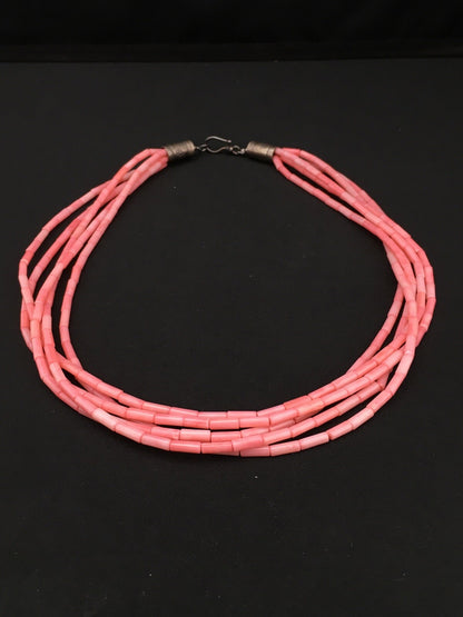 Pink Coral Tube Heishi Bead 5 Strand Navajo Sterling Silver Necklace 19" 1102