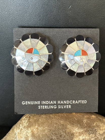 Coral Turquoise Onyx Abalone Zuni Sterling Silver Sunface Inlay Earrings 14769