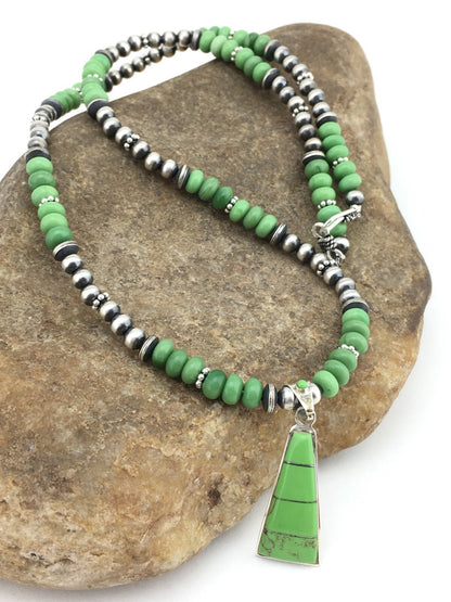 Green Gaspeite Pendant Navajo Pearls Sterling Silver Necklace 22" 01285