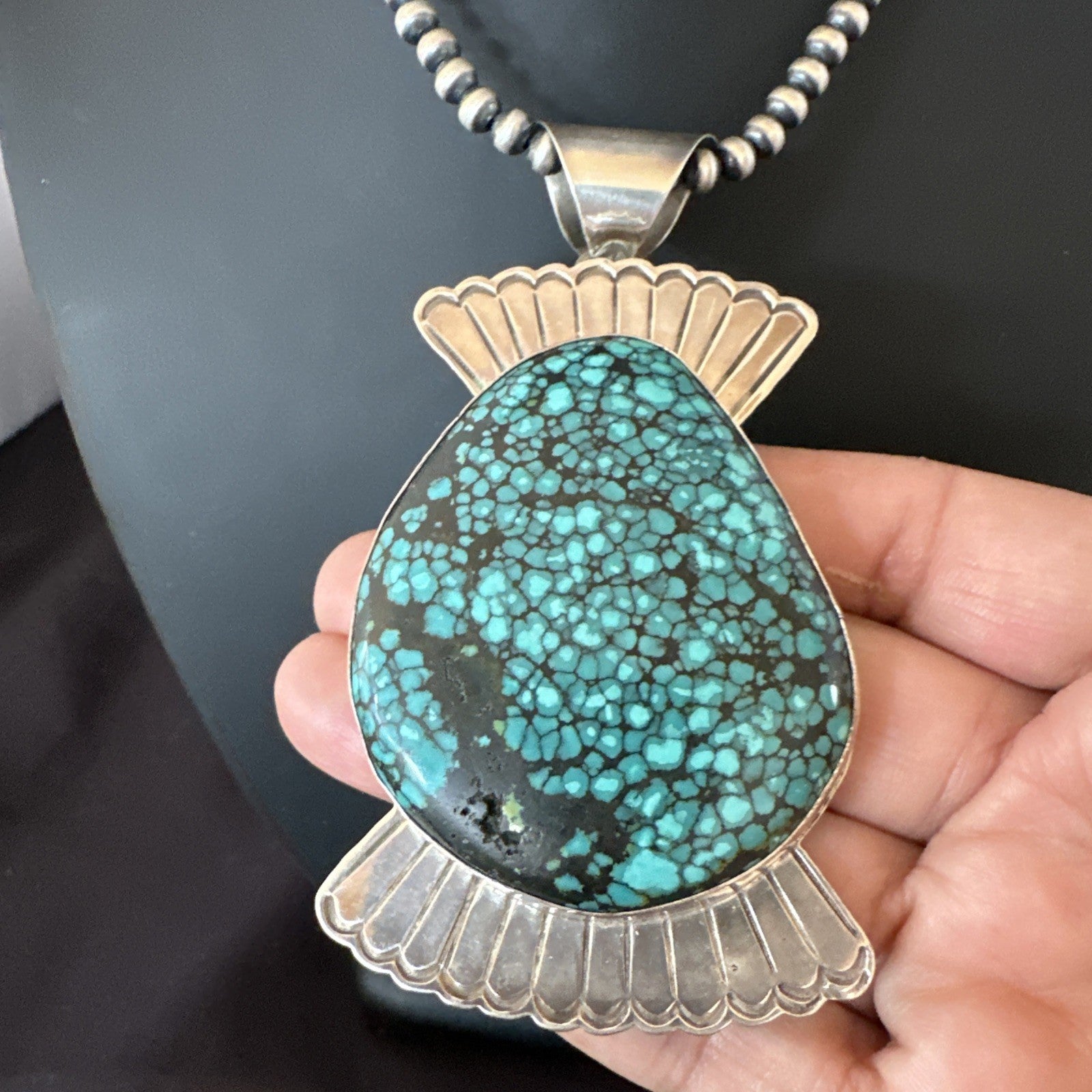 WoMens Blue Spiderweb Turquoise Pendant Navajo Sterling Silver Necklace 19299