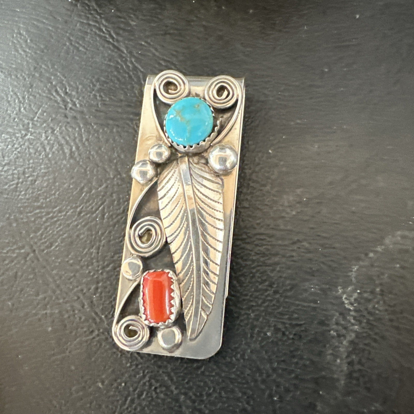 Mens Women Blue Turquoise Coral Navajo Stainless Stamped Silver Money Clip 19736