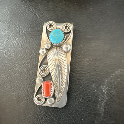 Mens Women Blue Turquoise Coral Navajo Stainless Stamped Silver Money Clip 19736