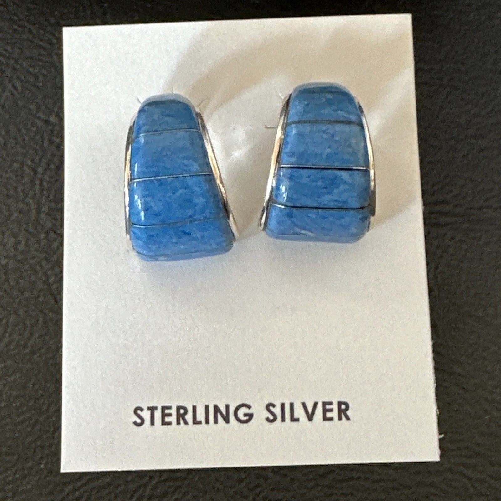 Southwestern Sterling Silver Blue  Denim Lapis Stud Inlay Earrings 1” 19268