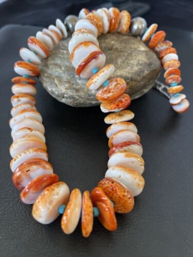 Navajo Turquoise & Orange Spiny Oyster Necklace Graduated 22" 10587