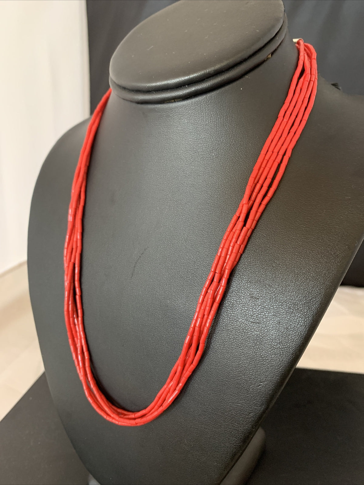Red Coral Stabilized Heishi 5 Strand Sterling Silver Necklace 20” 2207