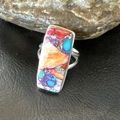Blue Turquoise Orange Spiny Oyster Navajo Sterling Silver Ring Size 8 18219