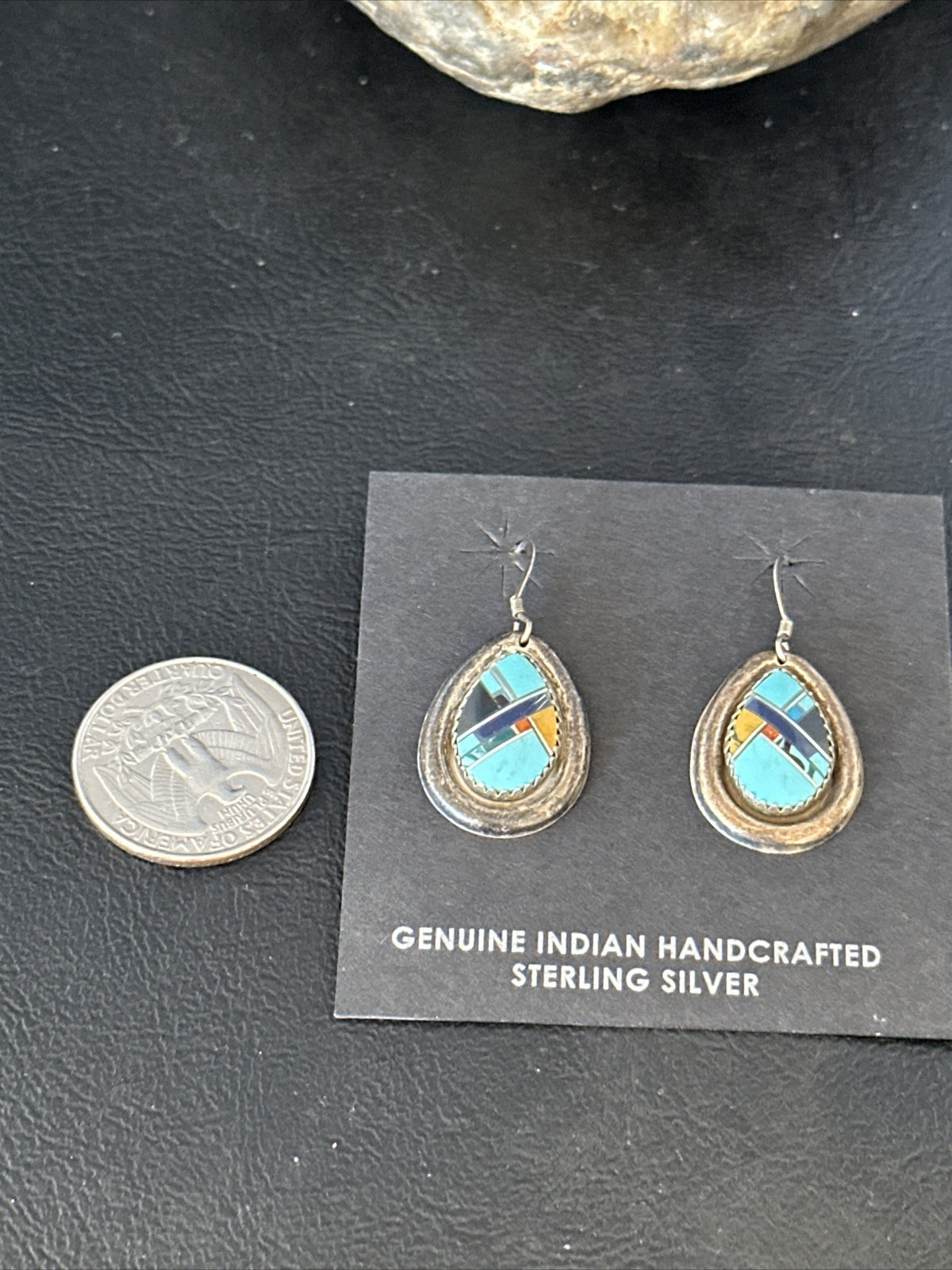 MultiColor Navajo Turquoise Spiny Oyster Inlay Sterling Silver Earrings 1" 14764
