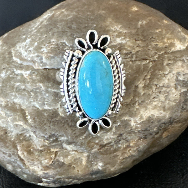 Yazzie Handmade Navajo Blue Kingman Turquoise Ring Size 7 | Sterling Silver | Authentic Native American Handmade | 19624