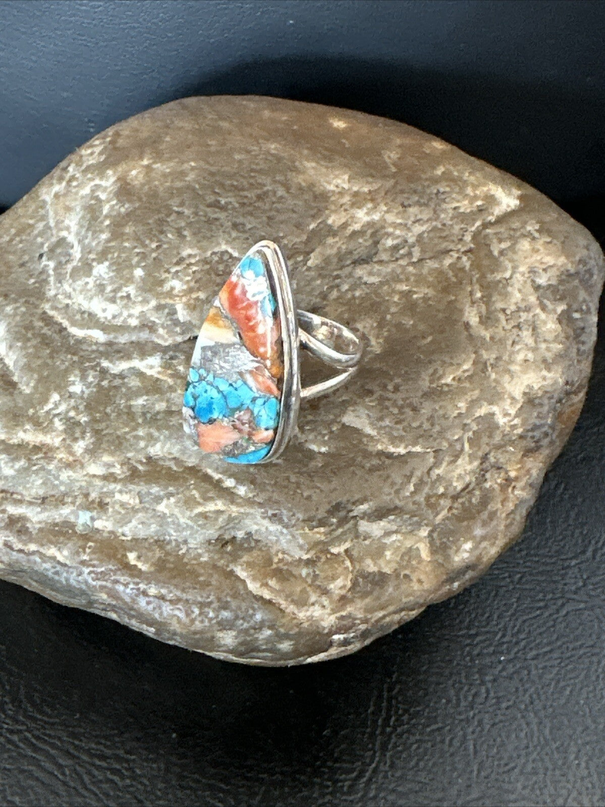 Blue Turquoise Orange Spiny Oyster Navajo Sterling Silver Ring Size 6 18211