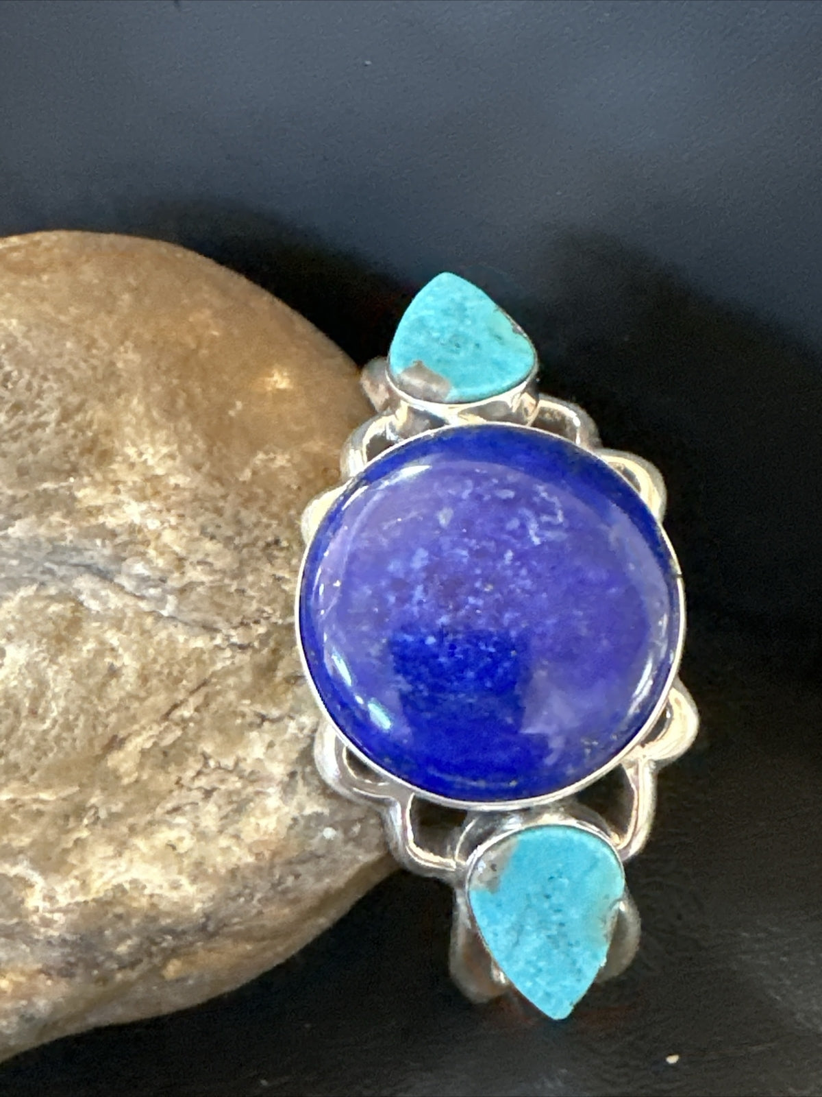 Kingman Turquoise Lapis Navajo Sterling Silver Tufa Cast Cuff Bracelet 17984