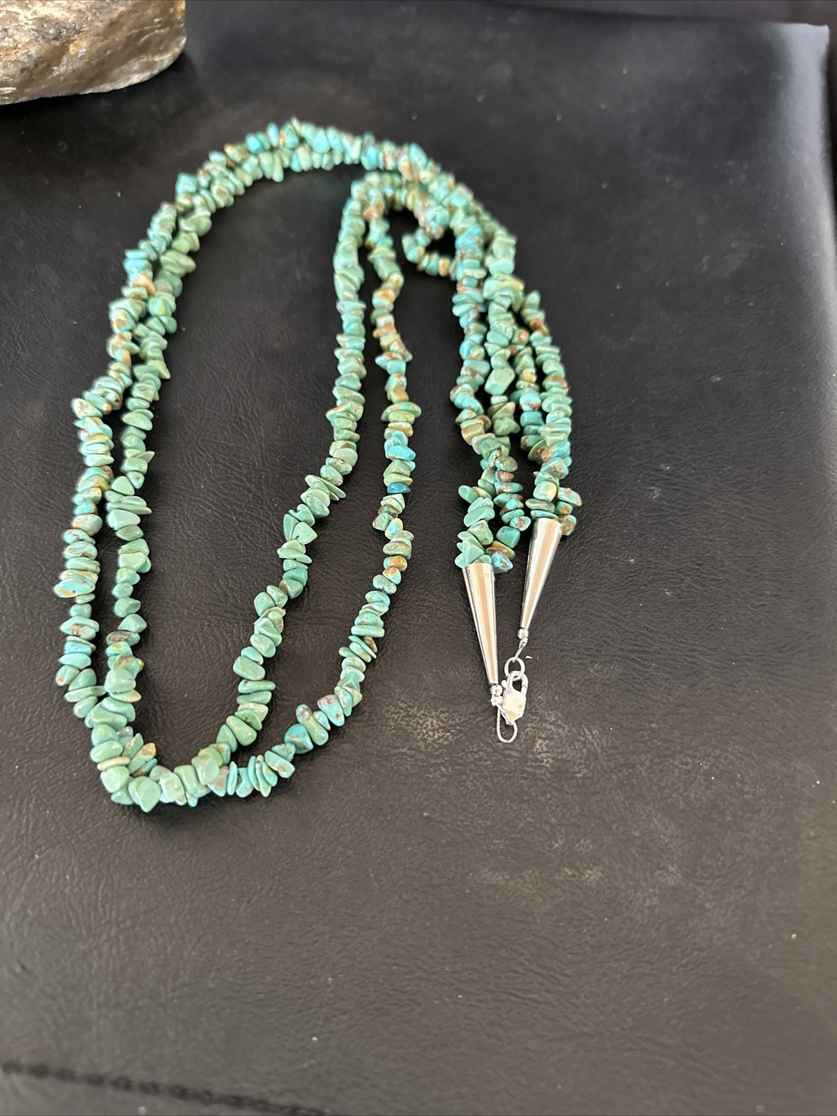 Green Turquoise 2S Nugget Beads Navajo Sterling Silver Necklace 30” 17780