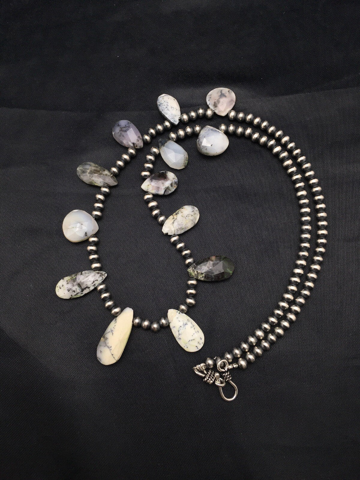 Black Rutile & Opal Pear Shaped Navajo Pearls Sterling Silver Necklace 4092
