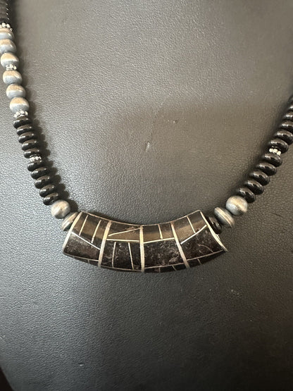 Mens Womens Black Onyx Pendant Navajo Sterling Silver Beads Necklace 18330