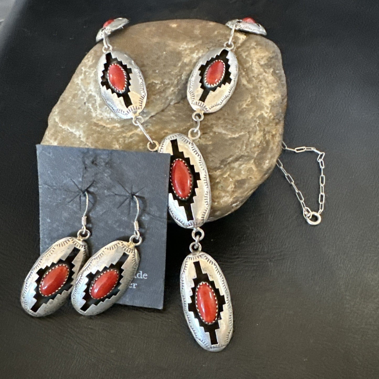 Old Native Navajo Red Coral Sterling Silver Shadowbox Necklace Earrings 18”19101