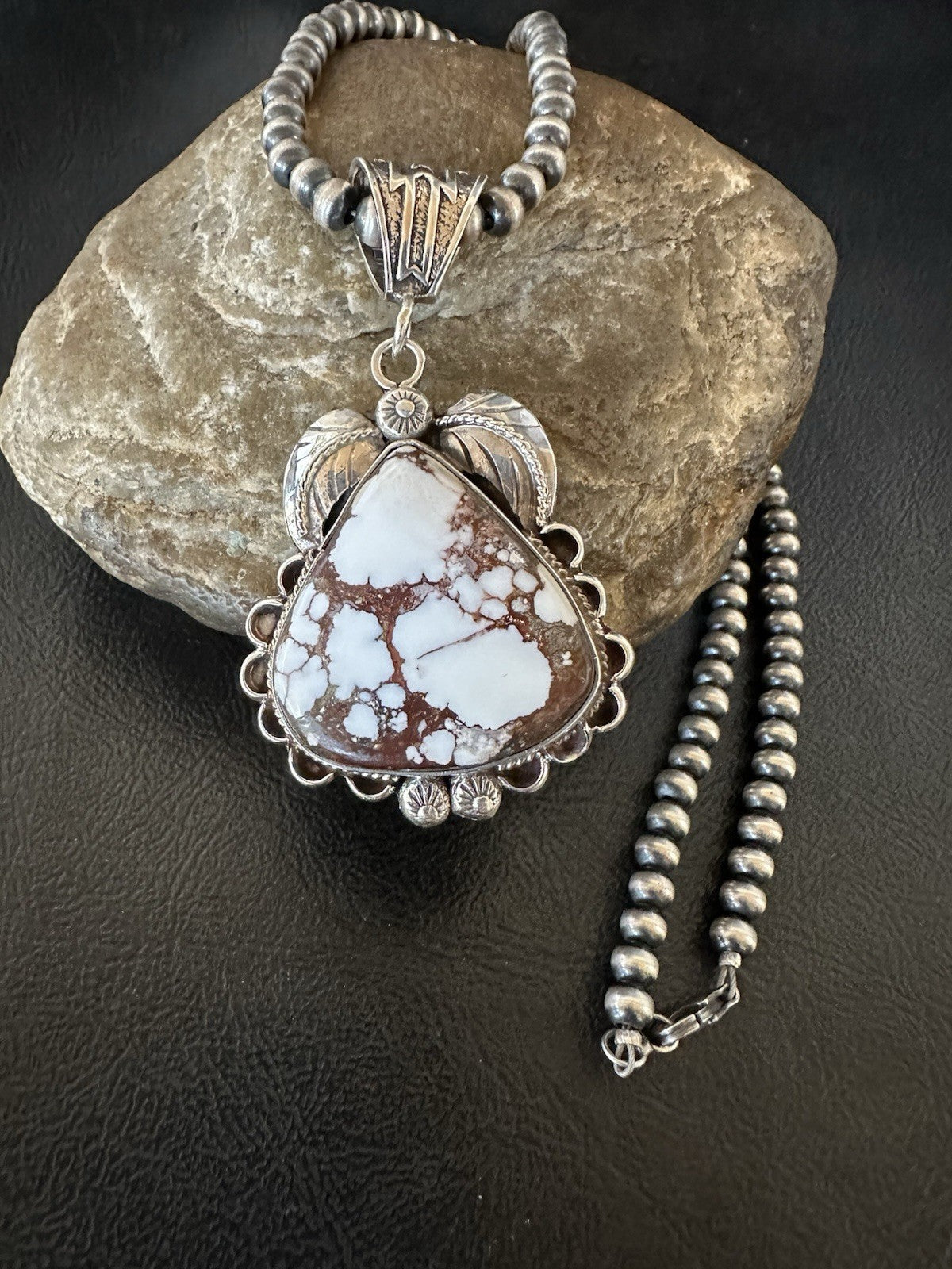 Navajo Pearls Sterling Silver Wild Crazy Horse Turquoise Necklace Pendant 19391