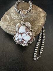 Navajo Pearls Wild Crazy Horse Turquoise Necklace Pendant | Sterling Silver | Authentic Native American Handmade | 19391