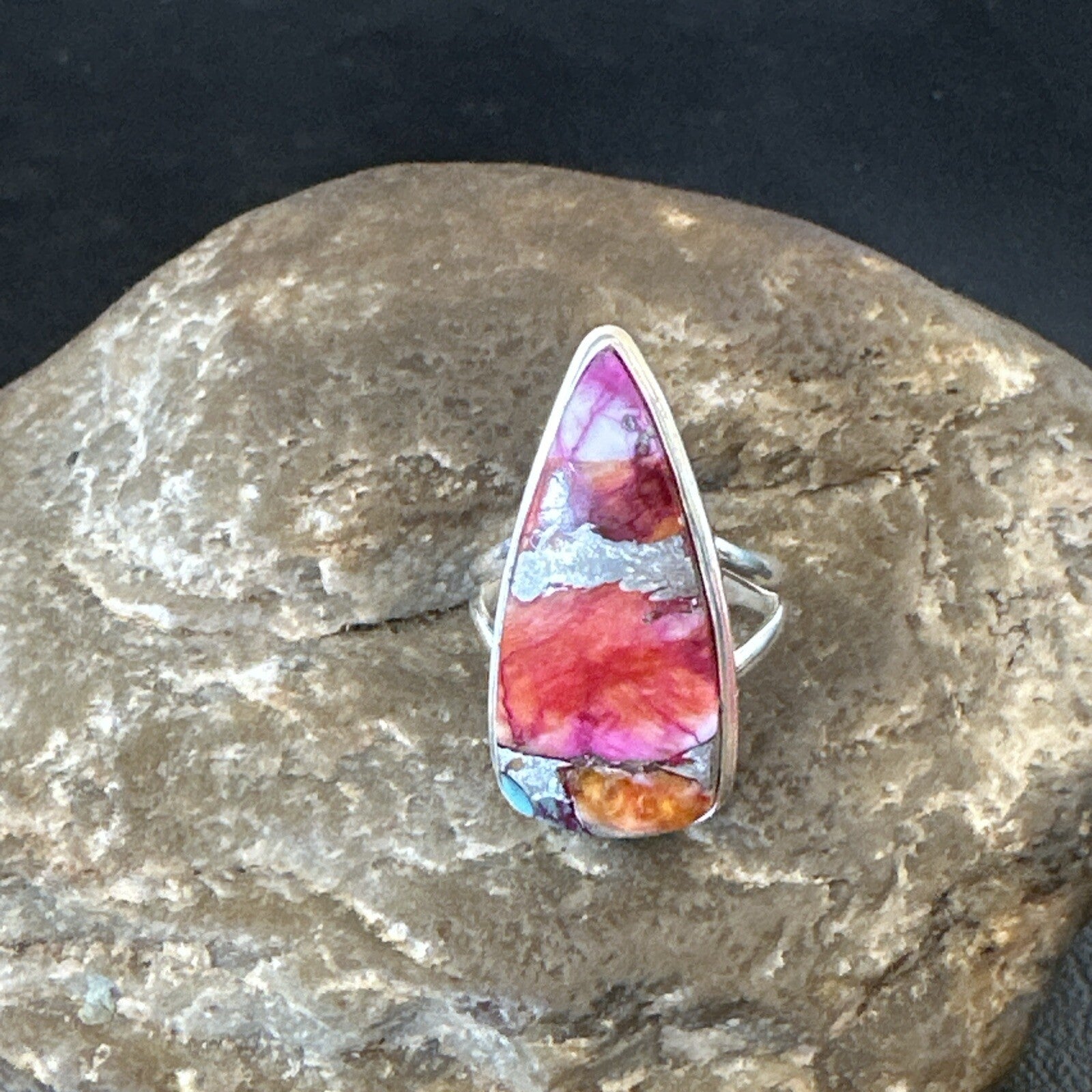 Blue Turquoise Spiny Oyster Southwestern Sterling Silver Ring Size 6 18472