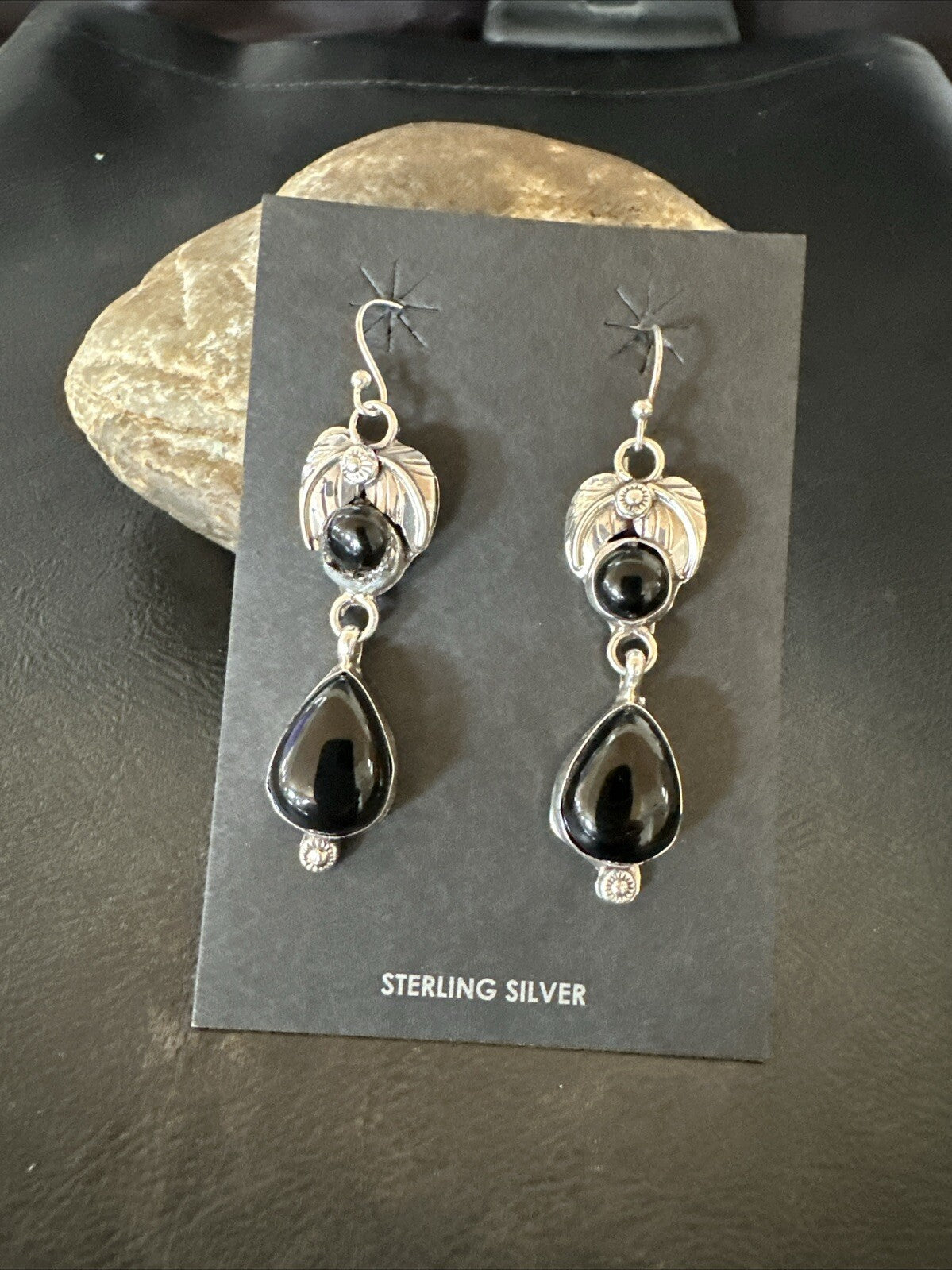 Black Onyx Navajo Sterling Silver Dangle Earrings 1.5" 18284