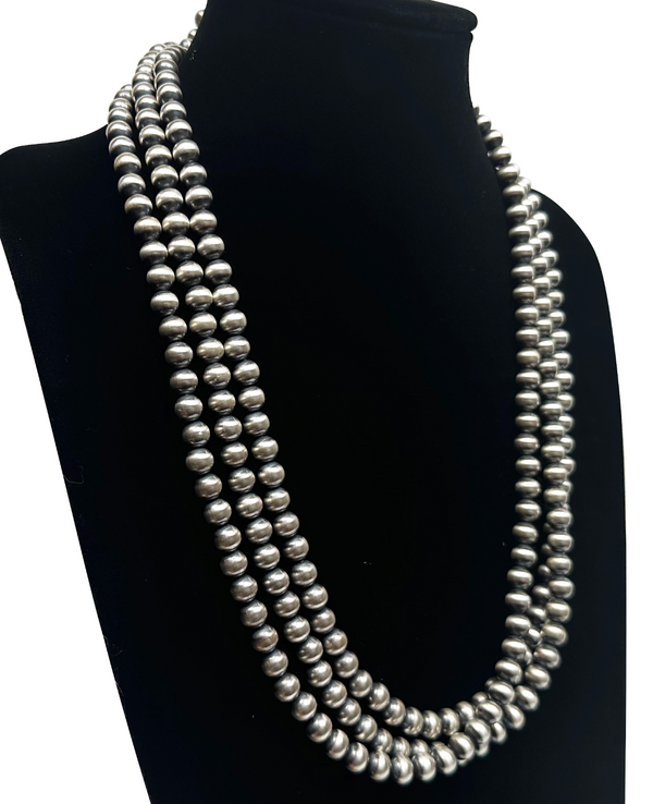 8mm Navajo Pearls 80"Single Strand Necklace | Sterling Silver | Authentic Native American Handmade