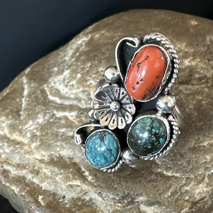 Multicolor Ring Turquoise Coral Spiny Navajo Sterling Silver Cluster Sz 10 19194