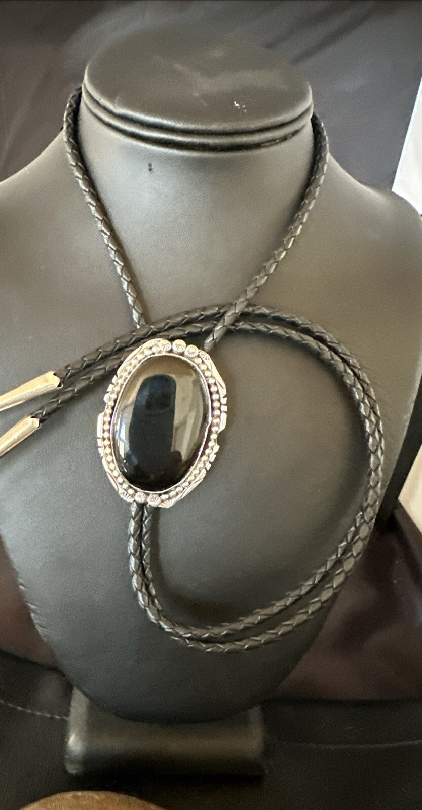 Mens Black Onyx Navajo Sterling Silver Bolo Tie 18663