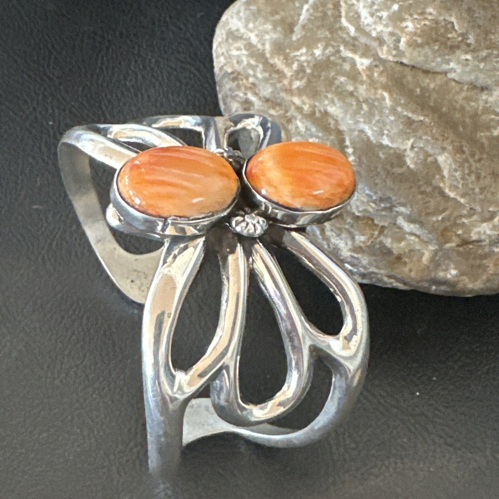 Butterfly Orange Spiny Oyster Navajo Sterling Silver Cuff Bracelet 18571