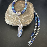 Blue Turquoise Lapis Feather Pendant Navajo Necklace 21" | Sterling Silver | Authentic Native American Handmade | 17790