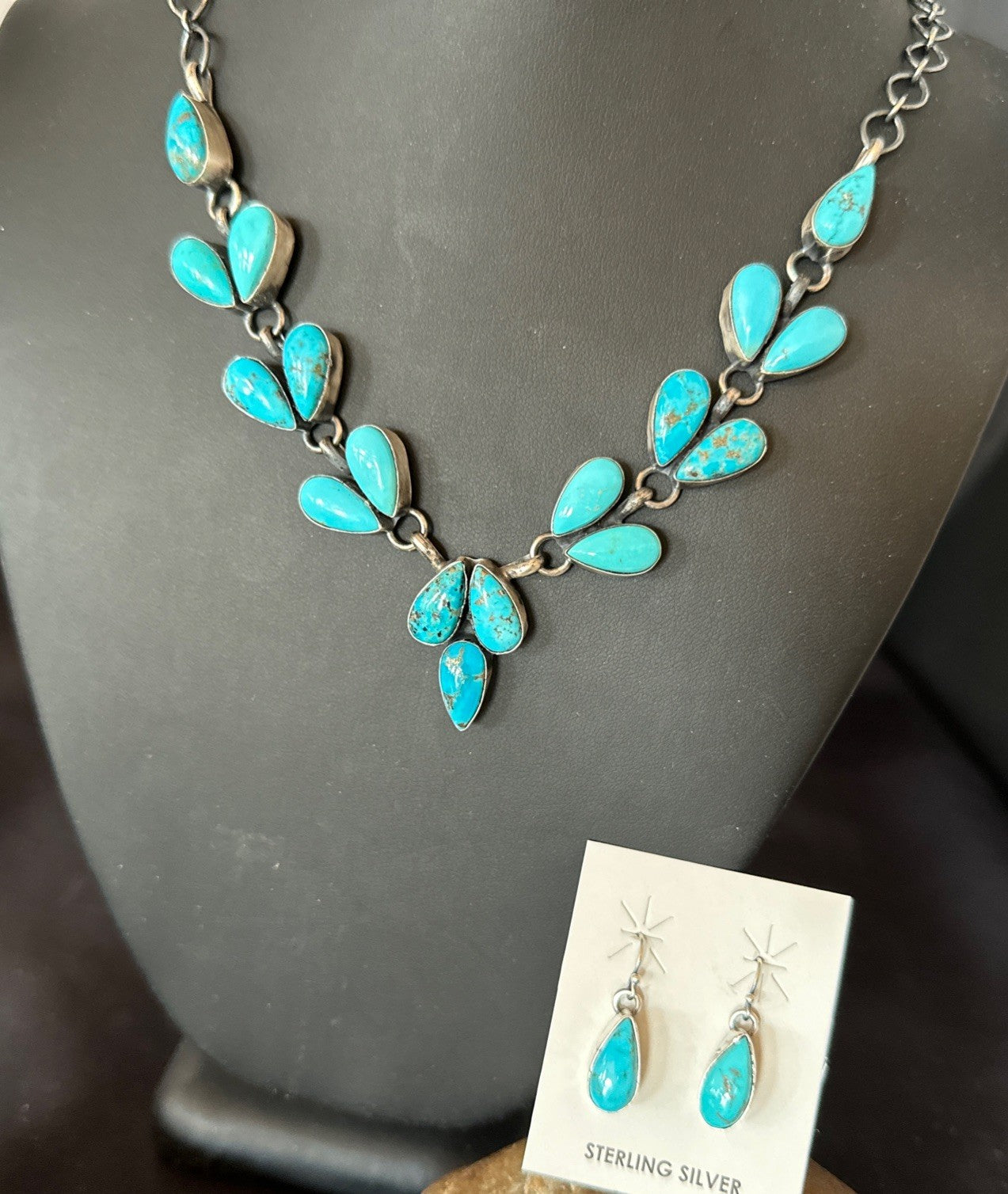 Kingman Turquoise Navajo Sterling Silver Earrings & Lariat Necklace 19" 19278