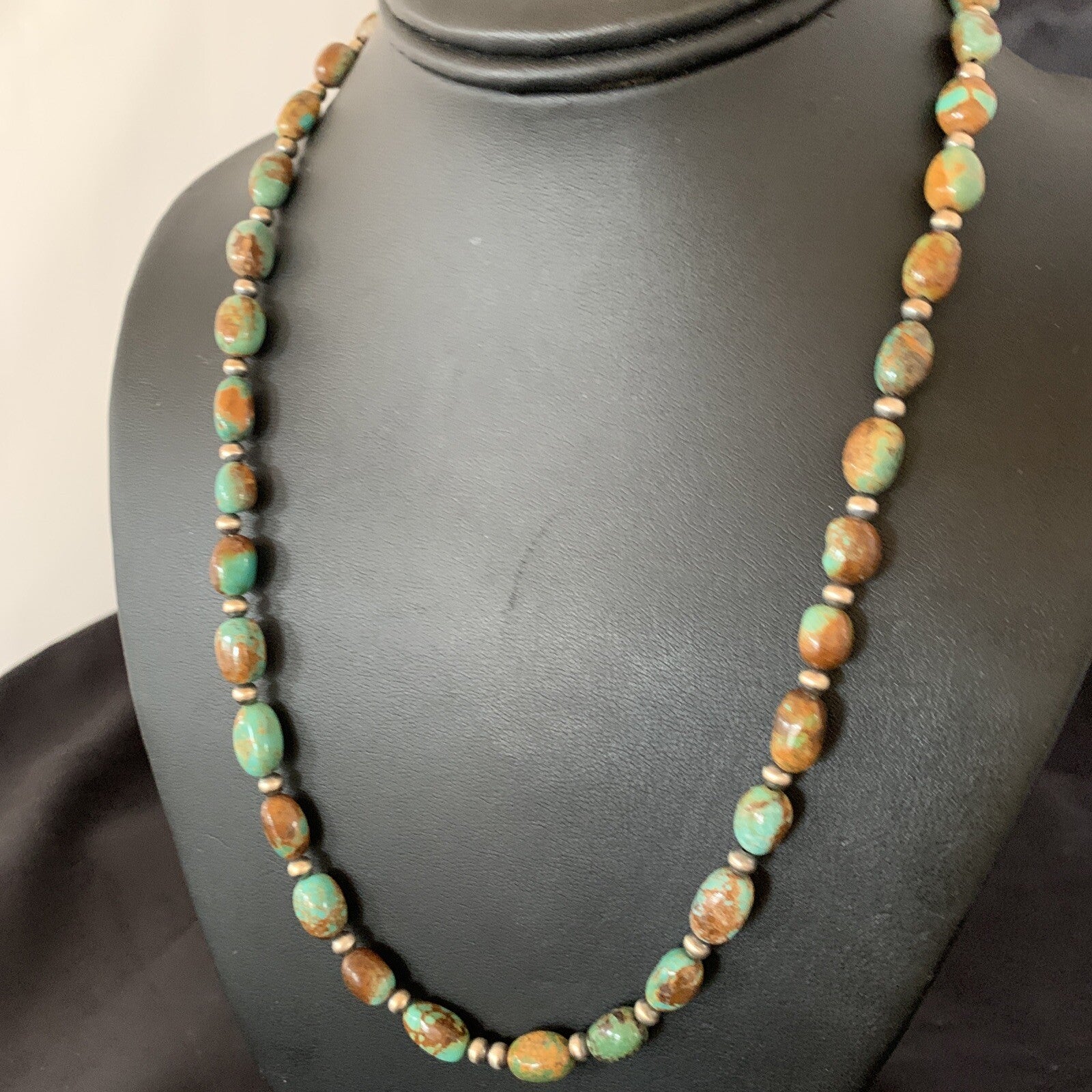 Green Royston Turquoise Bead Navajo Sterling Silver Beads Necklace 11465