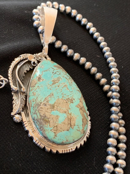 Mens Blue Turquoise Pendant Sterling Silver Necklace 02565