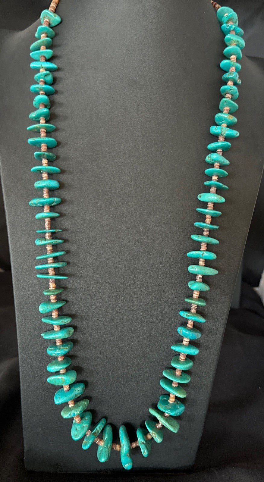 XL Navajo Kingman Turquoise Shell Heishi Sterling Silver Bead 34” Necklace 19635