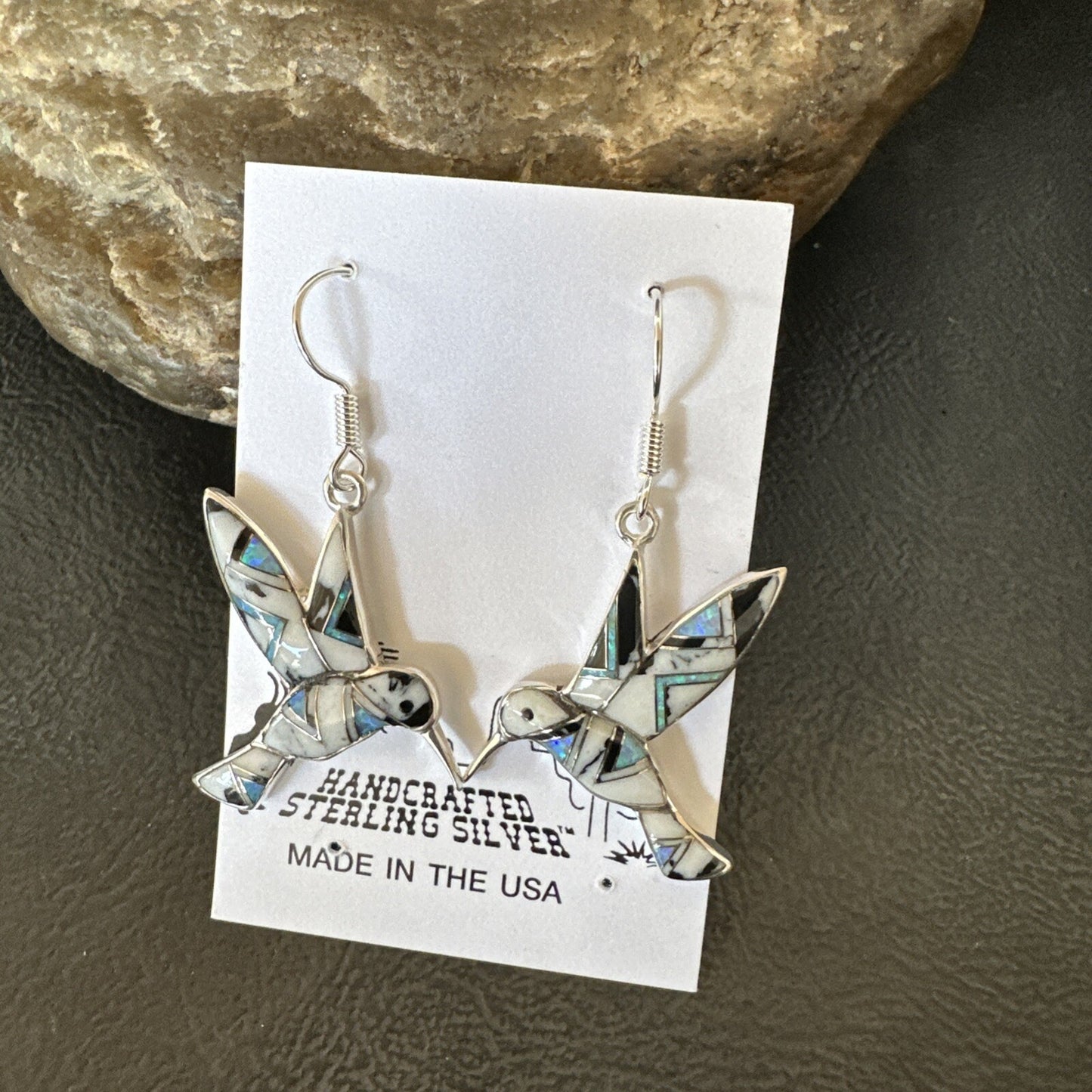 White Buffalo Turquoise Opal Onyx Sterling Silver Hummingbird Earrings 18546