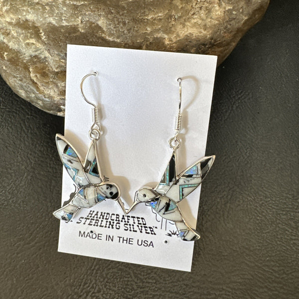White Buffalo Turquoise Opal Onyx Hummingbird Earrings | Sterling Silver | Authentic Native American Handmade | 18546