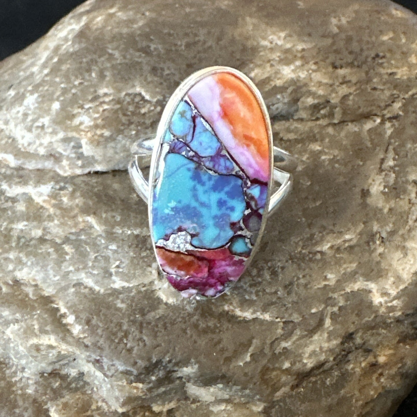 Blue Turquoise Spiny Oyster Southwestern Sterling Silver Ring Size 7 18496