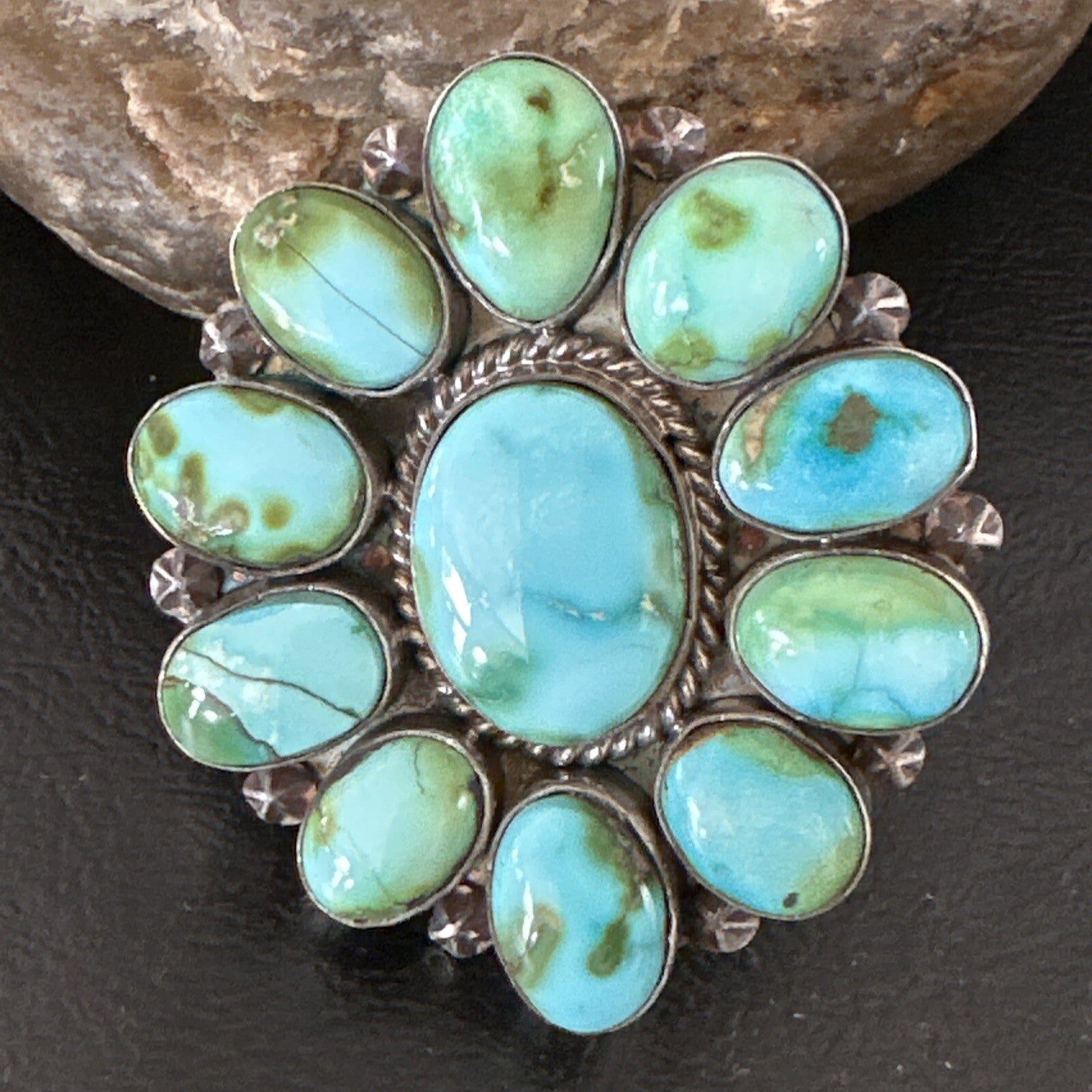 Sonoran Gold Green Turquoise Navajo Sterling Silver Cluster Ring Size 11 16033N