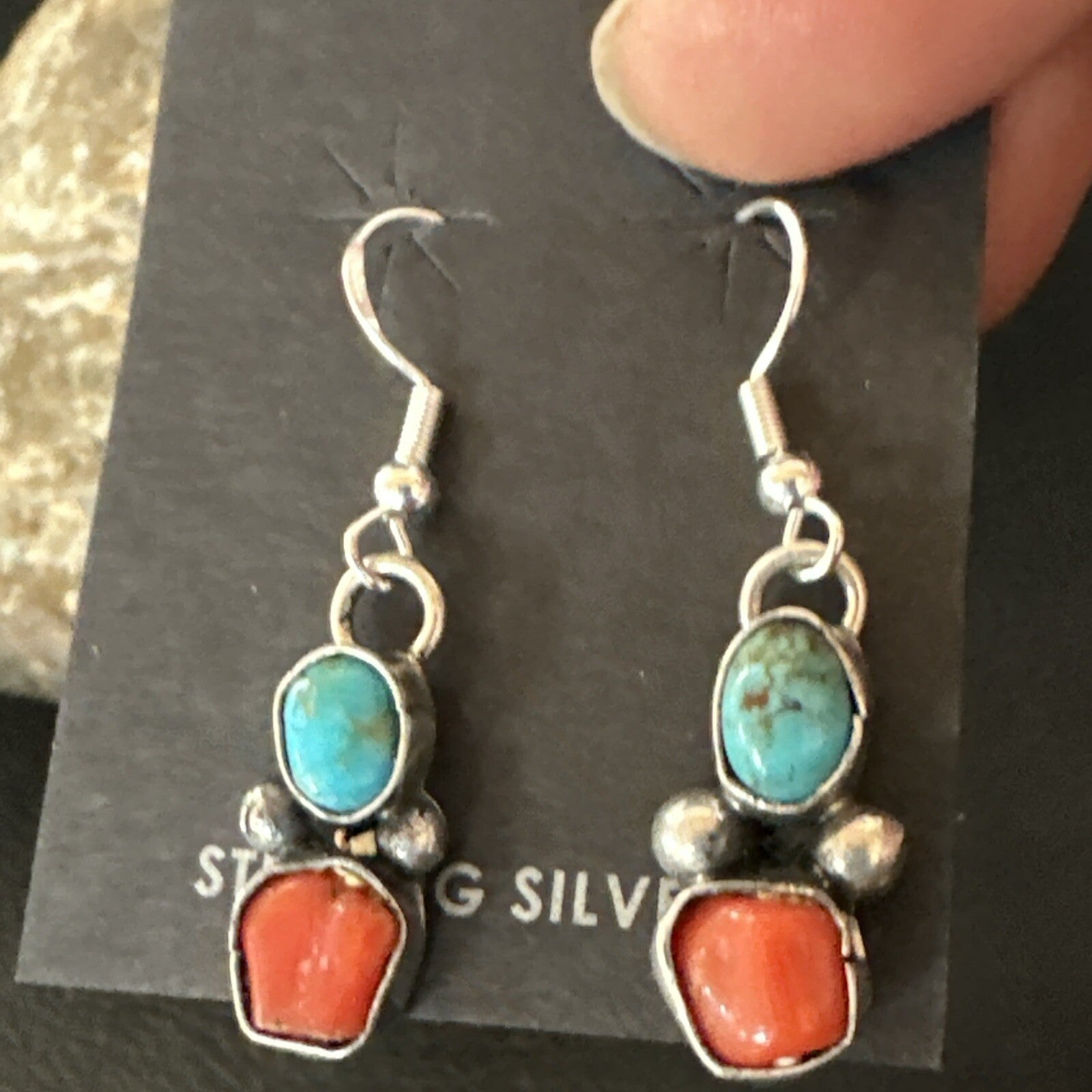 Handmade Blue Turquoise Red Coral Sterling Silver Navajo Dangle Earrings 18840