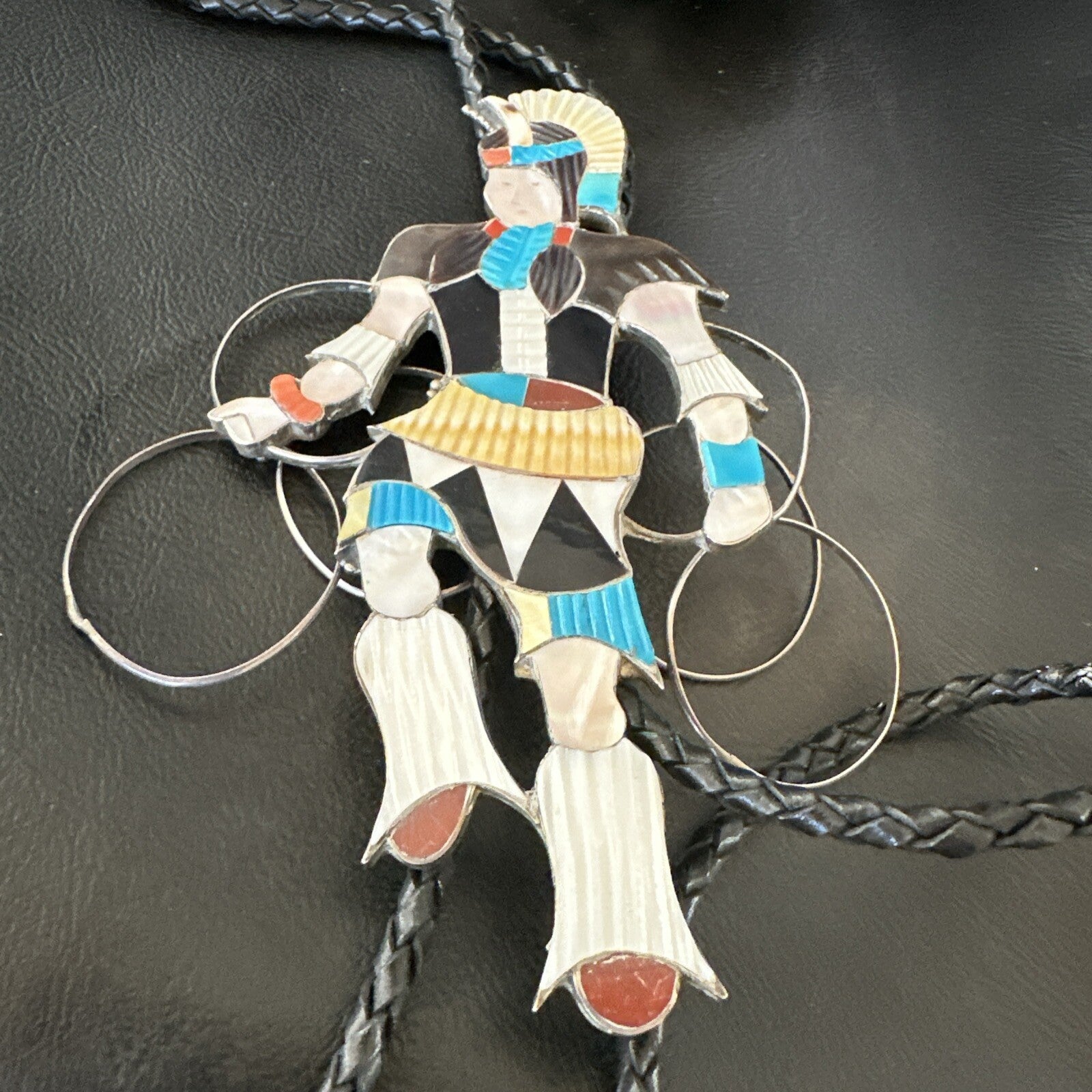 Men Bolo Tie Zuni Hoop Dancer Blue Turquoise Onyx Inlay Sterling Silver 18147