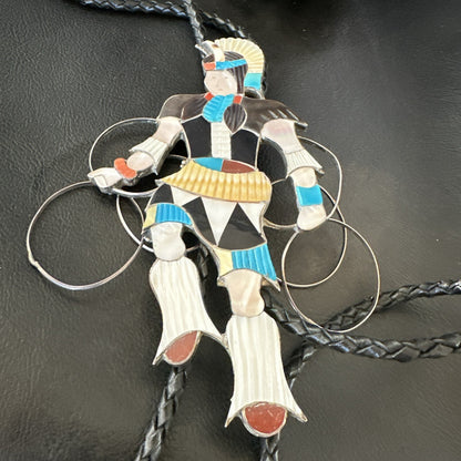 Men Bolo Tie Zuni Hoop Dancer Blue Turquoise Onyx Inlay Sterling Silver 18147