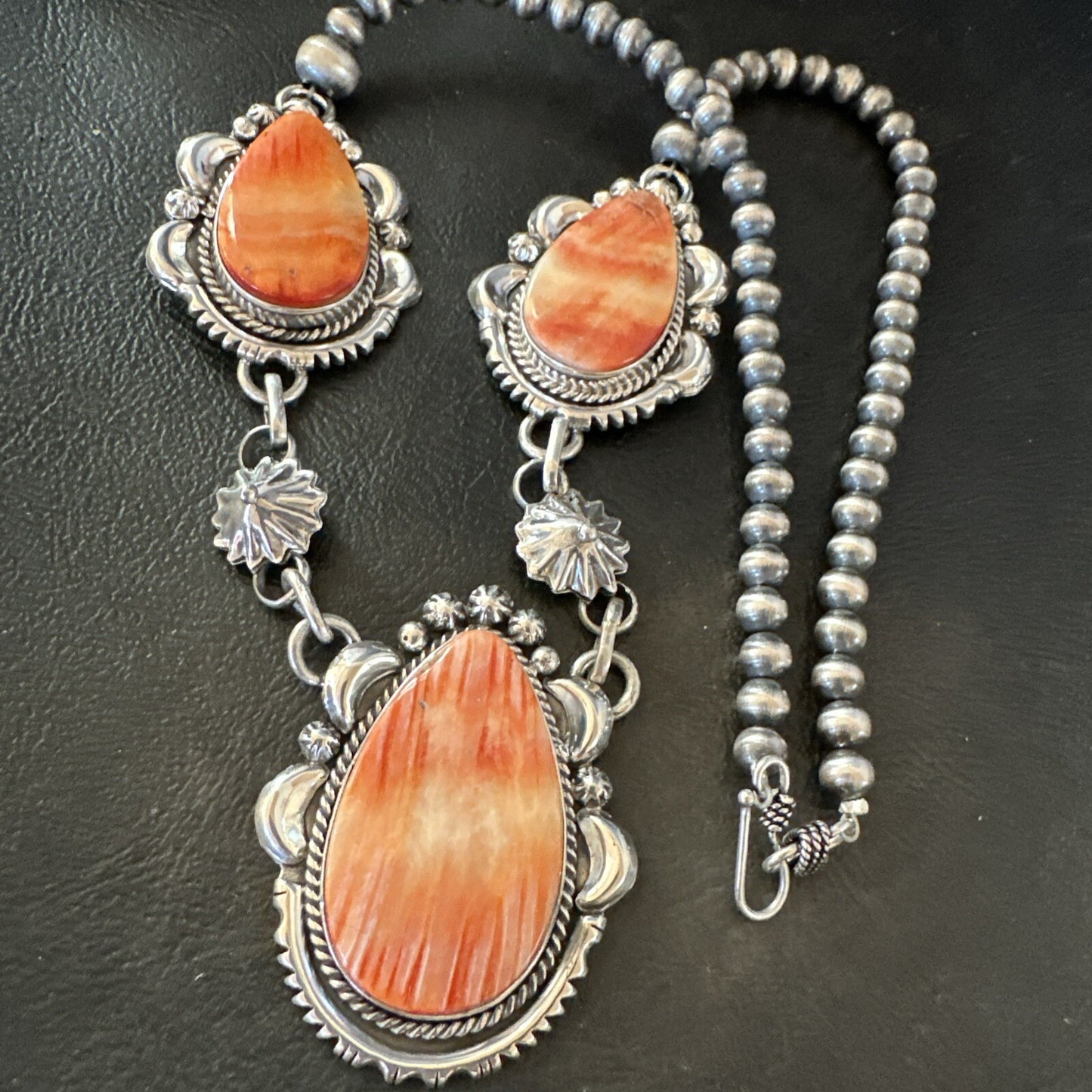 Orange Spiny Oyster Pendant Navajo Sterling Silver Lariat Necklace 21" 18628