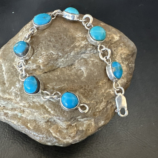 Blue Kingman Turquoise Navajo Link Bracelet 7" | Sterling Silver | Authentic Native American Handmade | 18299