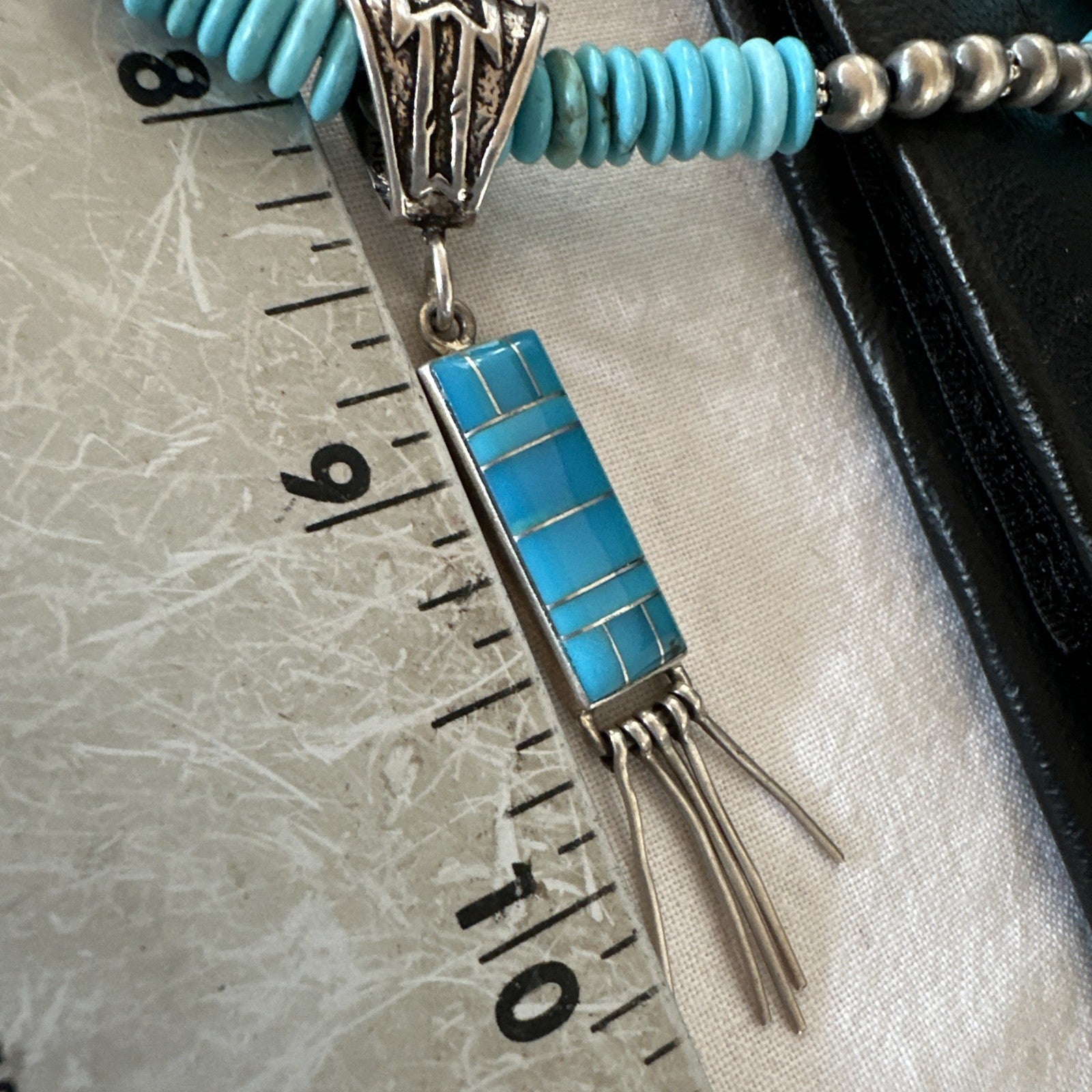 Blue Turquoise Inlay Pendant Navajo Sterling Silver Necklace 19514