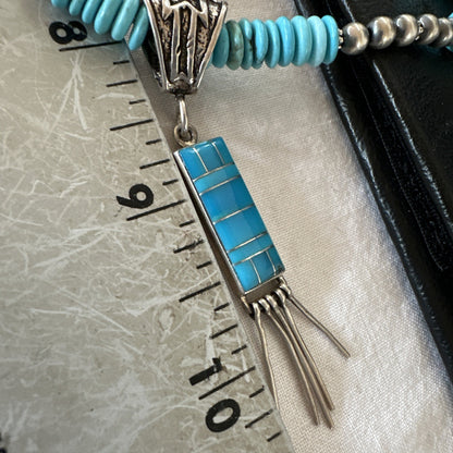 Blue Turquoise Inlay Pendant Navajo Sterling Silver Necklace 19514
